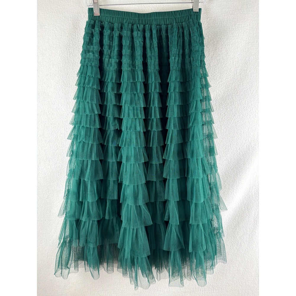 Emerald Green Tulle Tiered Ruffle Maxi Skirt Elastic Waist Sz M Fairy Balletcore
